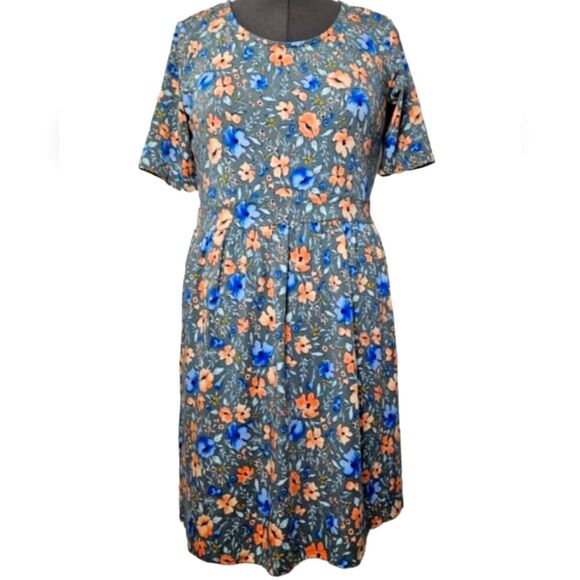 Lands End Dress‎ Short Sleeve Fit Flare Floral Blue Gray Stretch Flowy Cotton M - Picture 1 of 10